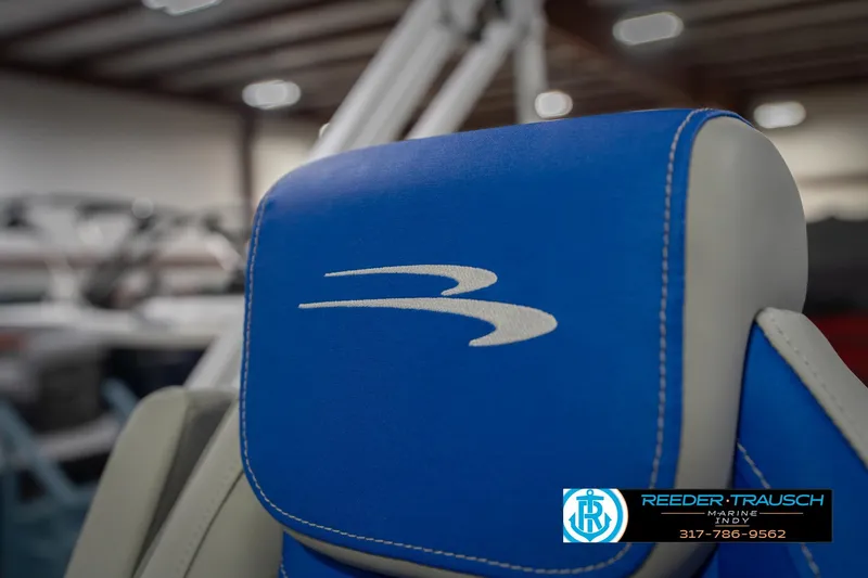 Slide: The Image of Close-up of 2026 Bennington 23 SSB boat seat with blue and white design. - 40