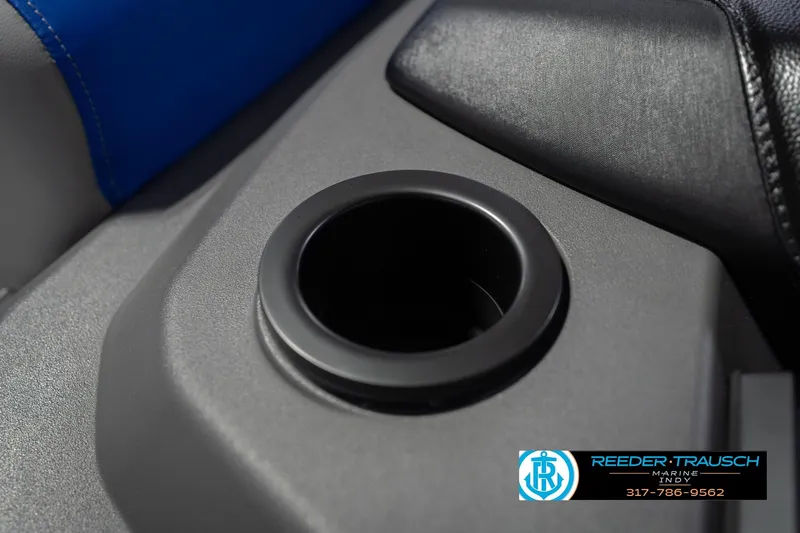 Slide: The Image of Cup holder on 2026 Bennington 23 SSB boat with blue and black seating. - 46