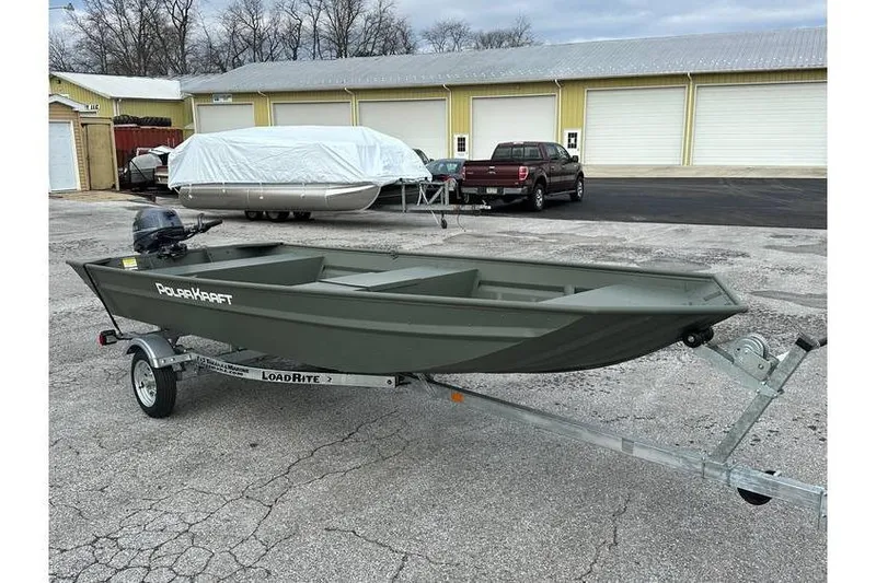 Slide: The Image of 2024 Polar Kraft MV 1648 Jon Boat with trailer and Yamaha 20 hp engine. - 1