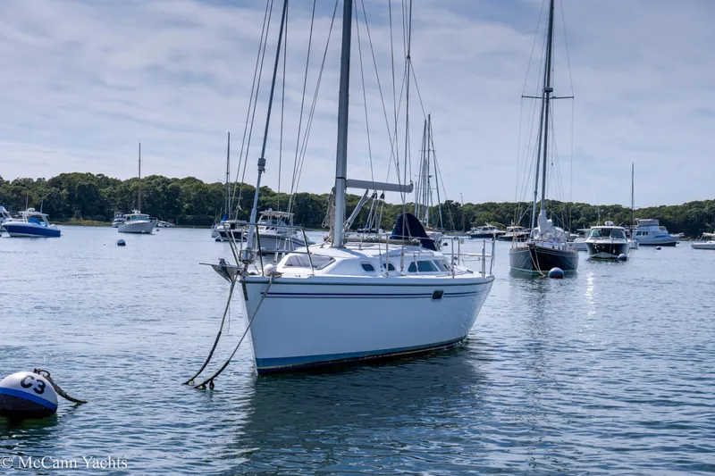 Slide: The Image of 2003 Catalina 320 sailboat anchored in a scenic harbor with other boats. - 3
