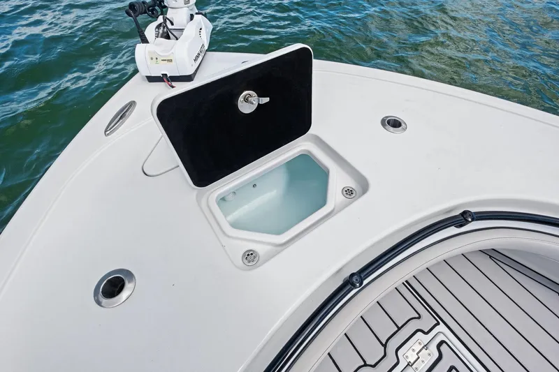 Slide: The Image of 2020 Barker Boatworks 26 Open deck with storage compartment and trolling motor. - 13