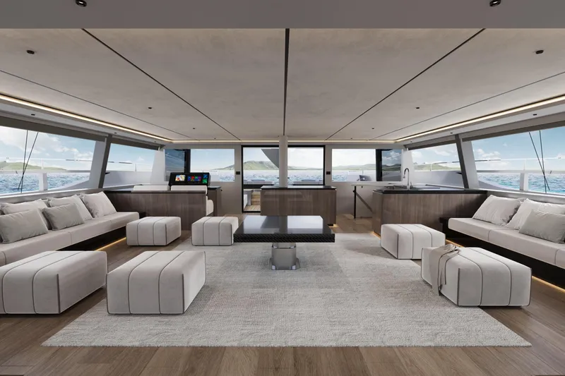 Slide: The Image of Luxurious interior of 2027 McConaghy SAPPHIRE S80 yacht with modern seating and ocean views. - 3