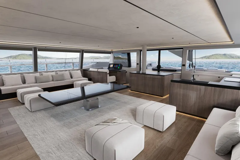 Slide: The Image of Luxurious interior of 2027 McConaghy SAPPHIRE S80 yacht with modern furnishings and ocean view. - 4