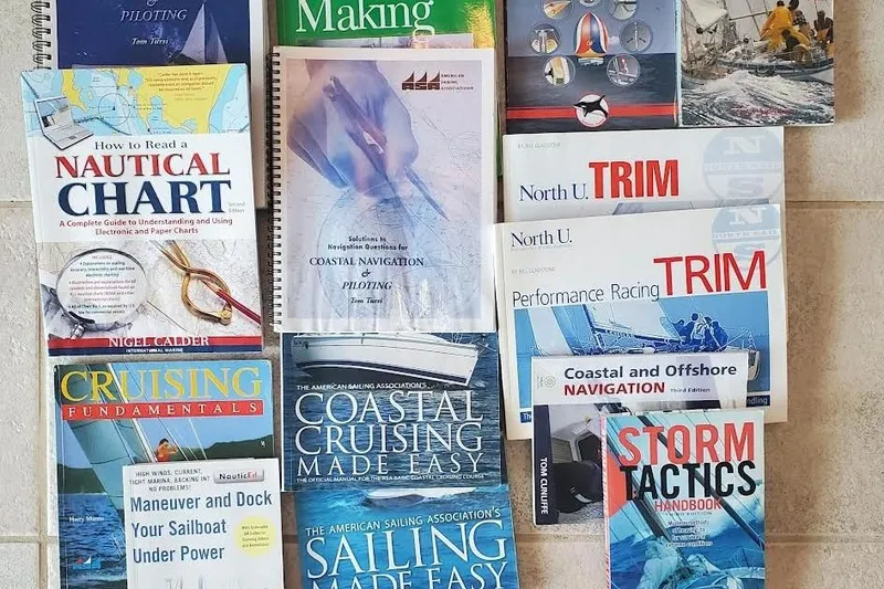 Slide: The Image of Collection of sailing and navigation books, including guides on nautical charts and storm tactics. - 164