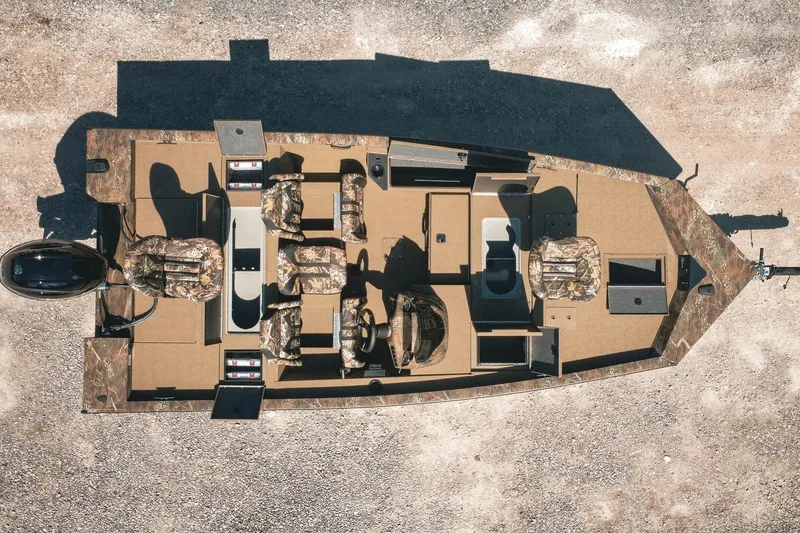 Slide: The Image of 2026 G3 Sportsman 1710 boat, aerial view, camo seats, spacious layout, ideal for fishing. - 3