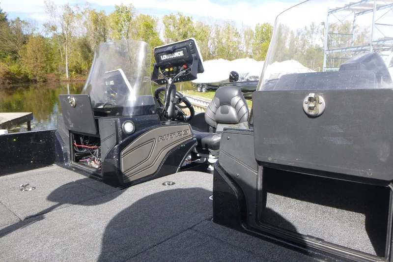 Slide: The Image of 2023 Nitro ZV21 boat interior with dual consoles and Lowrance electronics. - 39