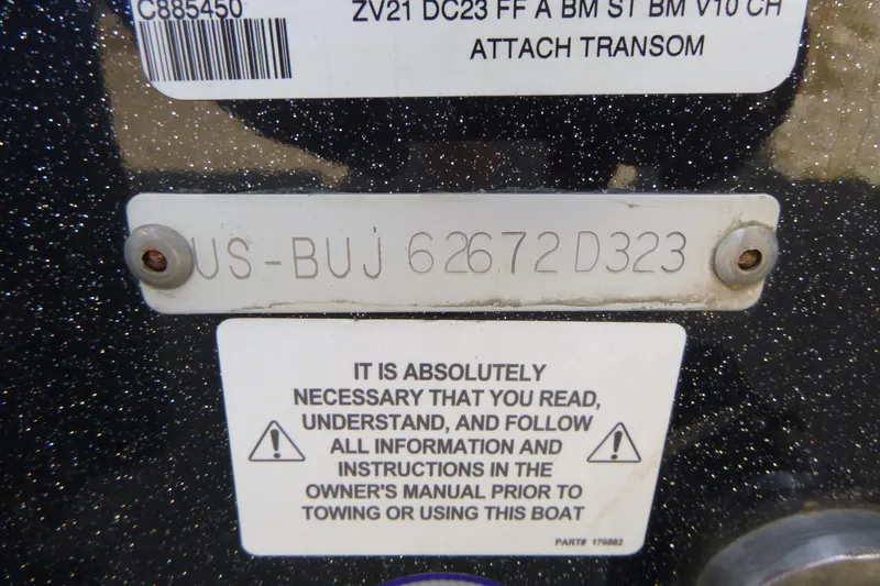 Slide: The Image of 2023 Nitro ZV21 boat identification plate with warning label and serial number. - 42