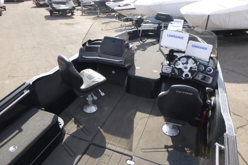 Slide: The Image of 2023 Nitro ZV21 boat interior with Lowrance electronics and dual seating. - 5