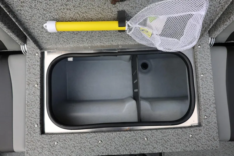 Slide: The Image of 2026 Lund 1775 Adventure Sport boat livewell with net and yellow handle. - 21