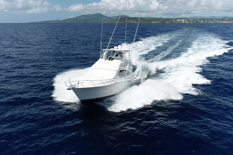 Slide: The Image of 2005 Bertram 450 yacht cruising on open ocean with scenic coastline in background. - 35