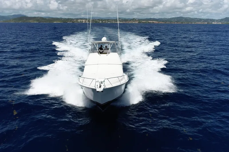 Slide: The Image of 2005 Bertram 450 yacht cruising on open sea with scenic coastline backdrop. - 36