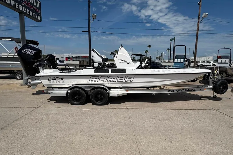Slide: The Image of 2026 Mamba 24 Cat Elite boat on trailer at marina, clear sky background. - 2