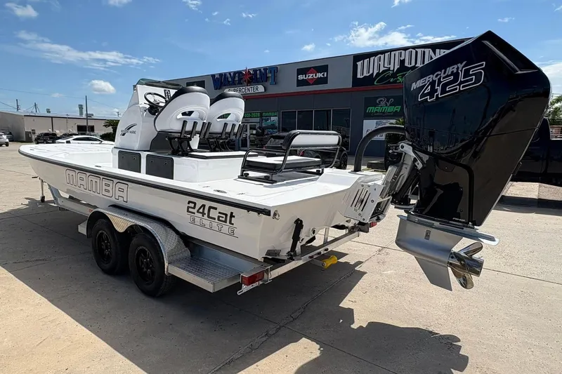 Slide: The Image of 2026 Mamba 24 Cat Elite boat with Mercury 425 engine at dealership. - 3