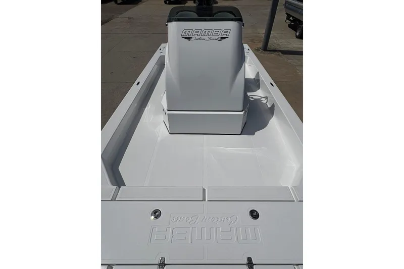 Slide: The Image of 2026 Mamba 24 Cat Elite boat, sleek white deck, modern design. - 6