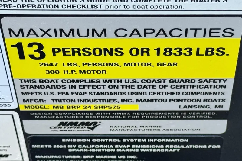 Slide: The Image of 2025 Manitou EXPLORE 24 capacity label: 13 persons or 1833 lbs, 300 HP motor. - 27