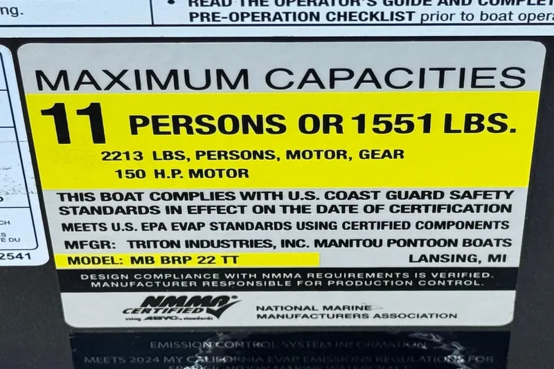 Slide: The Image of 2024 Manitou Cruise 22 capacity label: 11 persons or 1551 lbs, 150 HP motor. - 25