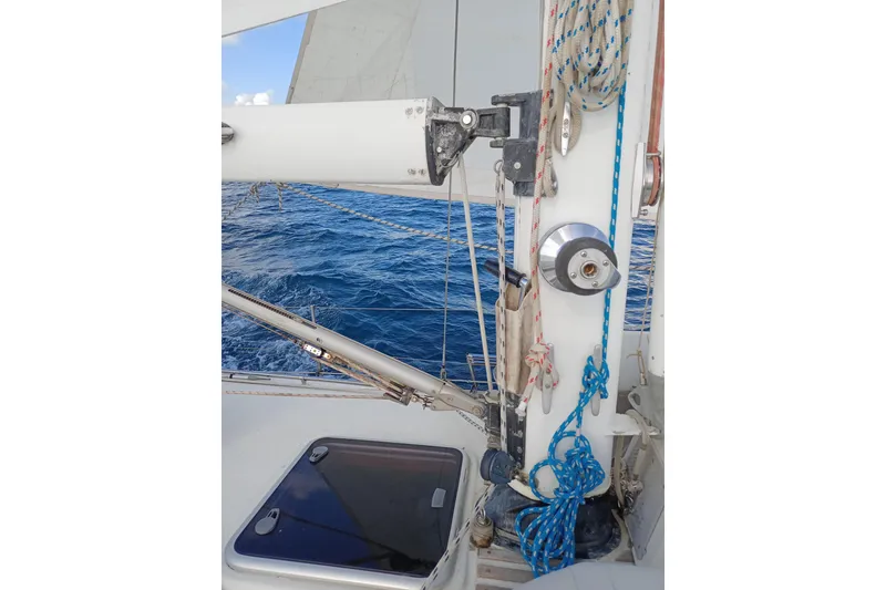 Slide: The Image of 1978 Pearson 424 sailboat deck with rigging and ocean view. - 8