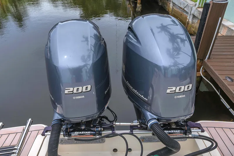 Slide: The Image of Twin Yamaha 200 outboard engines on a 2015 Scout 275 LXF boat. - 31