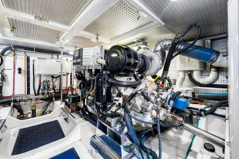 Slide: The Image of Engine room of 2007 Hampton 558 Pilothouse yacht, featuring CAT marine power system. - 68