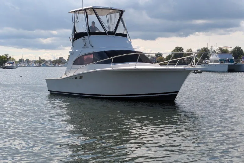 The Image of 1992 Luhrs Tournament 320 Convertible boat on calm water under cloudy sky. - 0