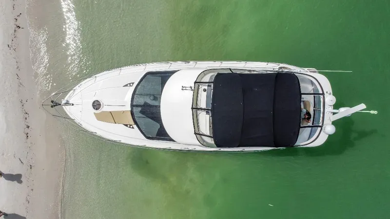 Slide: The Image of Aerial view of 2016 Meridian 391 Sedan yacht on green water near sandy shore. - 5