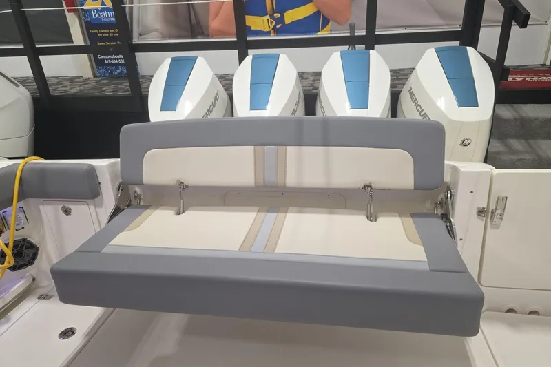 Slide: The Image of 2026 Boston Whaler 380 Realm boat with foldable seating and powerful Mercury engines. - 18