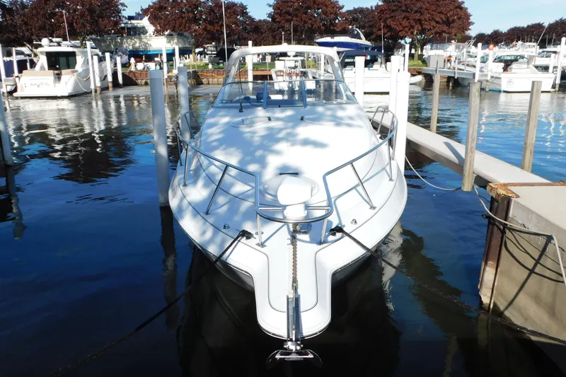 Slide: The Image of 1996 Chris-Craft 340 Crowne docked at marina, front view. - 1