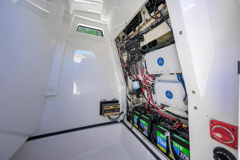 Slide: The Image of 2023 Sportsman Masters 247OE Bay Boat electrical system with batteries and wiring. - 30