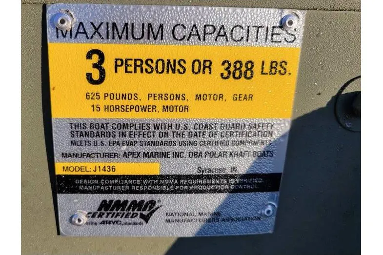 Slide: The Image of 2024 Polar Kraft 1436 Jon Boat capacity label, 3 persons or 388 lbs, 15 horsepower. - 4