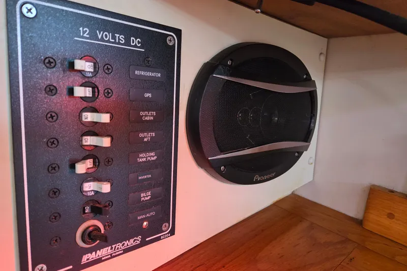 Slide: The Image of Electrical panel and speaker in 1989 Pearson 37-2 boat interior. - 20