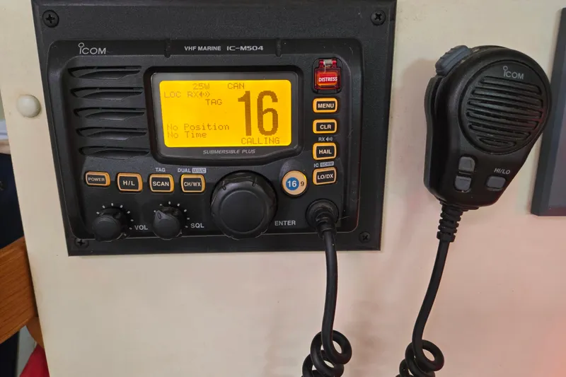 Slide: The Image of ICOM VHF Marine IC-M504 radio on 1989 Pearson 37-2 sailboat, channel 16 active. - 21