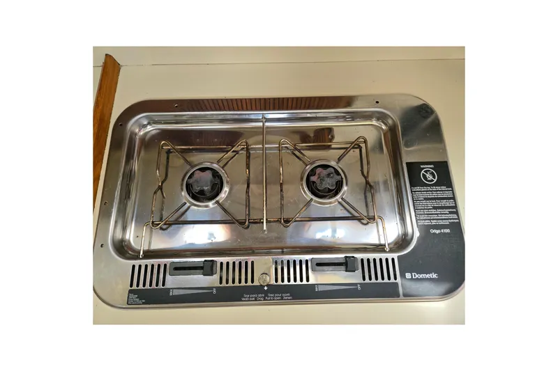 Slide: The Image of Stainless steel two-burner stove in a 1989 Pearson 37-2 boat galley. - 28