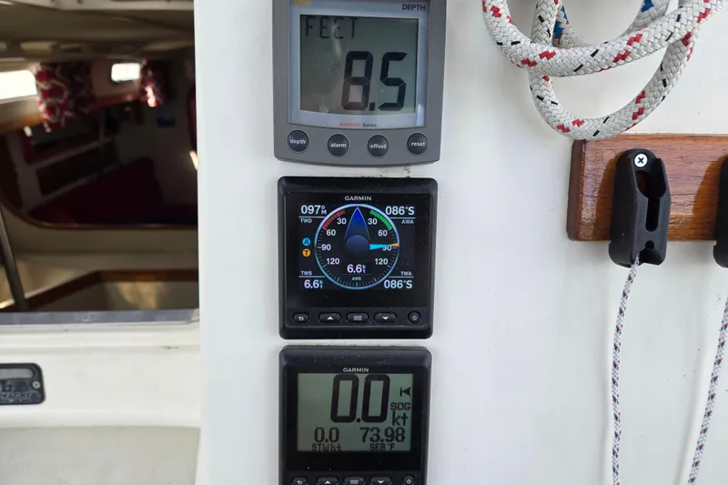 Slide: The Image of Sailing instruments on a 1989 Pearson 37-2 yacht, displaying depth and speed data. - 7