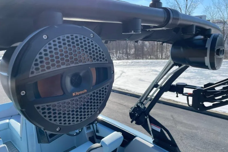 Slide: The Image of 2025 MasterCraft NXT22 boat with Klipsch speakers, showcasing premium audio setup. - 16