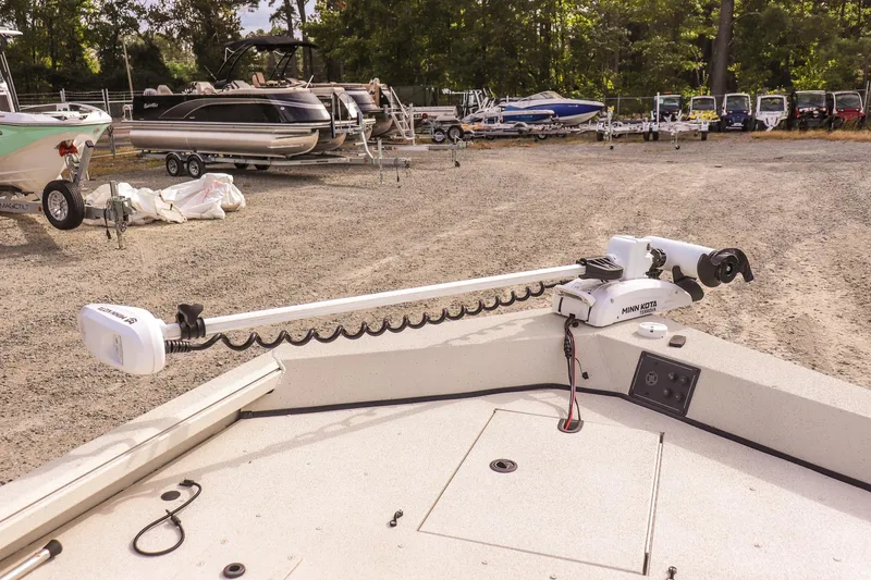 Slide: The Image of 2022 Ranger RB200 boat with Minn Kota trolling motor in a boatyard. - 11