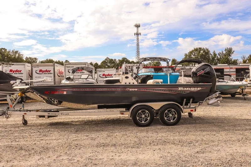 Slide: The Image of 2022 Ranger RB200 boat on trailer, parked outdoors with Ryder trucks in background. - 3