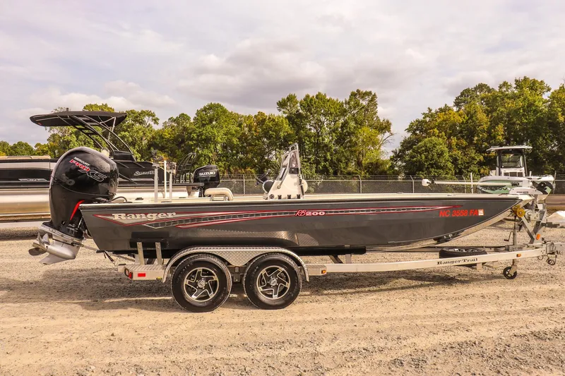Slide: The Image of 2022 Ranger RB200 boat on trailer, parked outdoors with trees in background. - 7