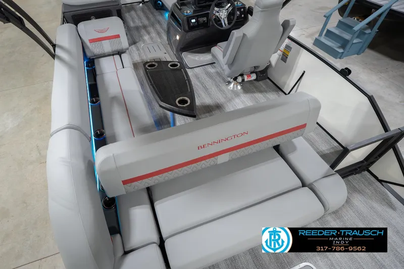 Slide: The Image of 2026 Bennington 22 ML pontoon boat interior with seating and control console. - 15