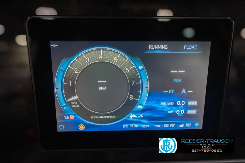 Slide: The Image of Dashboard display of a 2026 Bennington 22 ML boat showing RPM and fuel usage. - 42