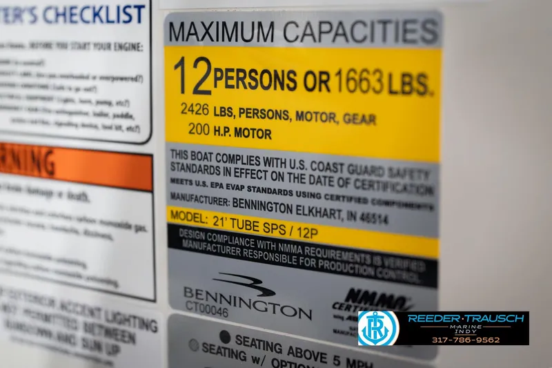 Slide: The Image of Bennington 22 ML 2026 boat capacity label, 12 persons or 1663 lbs, 200 HP motor. - 67