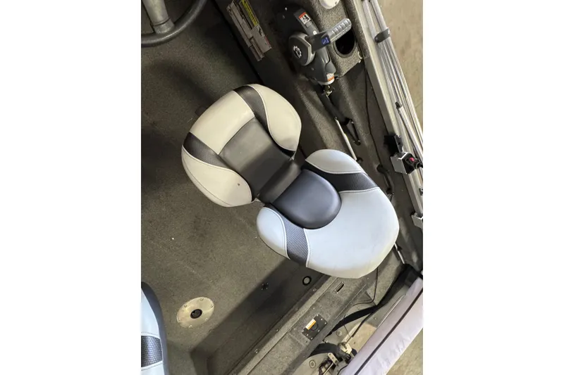 Slide: The Image of 2013 Alumacraft Competitor 165 Sport boat seat, gray and black design. - 5