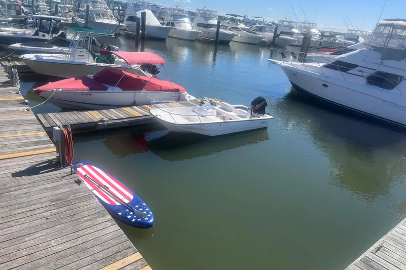 Slide: The Image of Boats docked at marina, featuring a 2011 Cobalt 210 and American flag-themed paddleboard. - 2