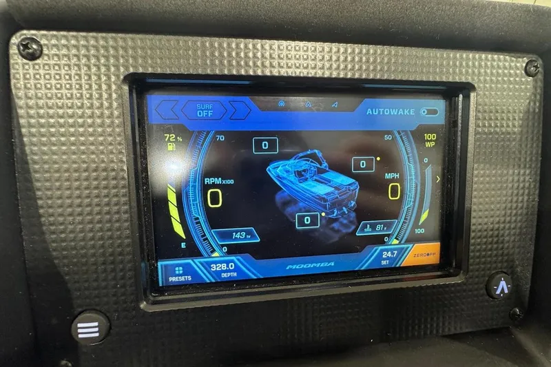 Slide: The Image of 2020 Moomba Makai dashboard display showing boat controls and performance metrics. - 14