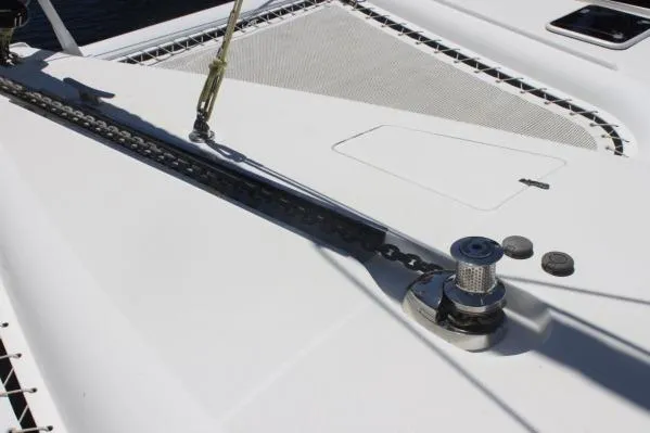 Slide: The Image of Deck of 2006 Alliaura Marine Privilege 435 EZC catamaran with anchor chain and winch. - 42