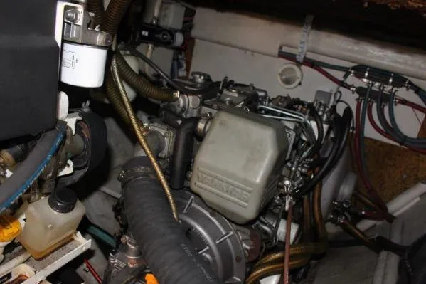 Slide: The Image of Engine compartment of 2006 Alliaura Marine Privilege 435 EZC catamaran, showcasing mechanical components. - 69