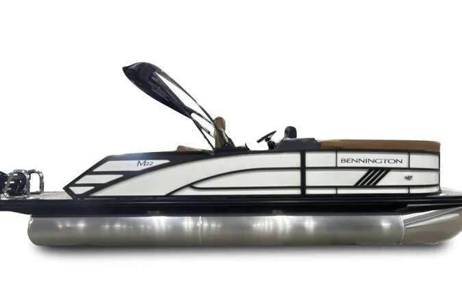 Slide: The Image of 2026 Bennington 22 MSBSF pontoon boat, sleek design, side view, white and black accents. - 10