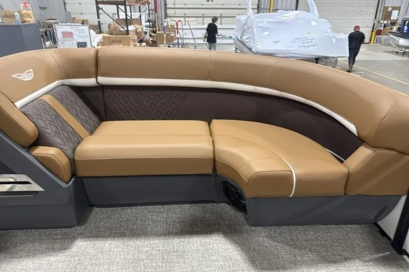 Slide: The Image of Luxurious seating on 2026 Bennington 22 MSBSF boat, featuring tan and brown upholstery. - 14