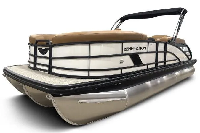 Slide: The Image of 2026 Bennington 22 MSBSF pontoon boat with sleek design and beige seating. - 5