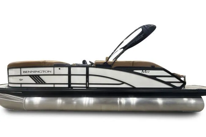 Slide: The Image of 2026 Bennington 22 MSBSF pontoon boat, sleek design, white and black accents. - 6