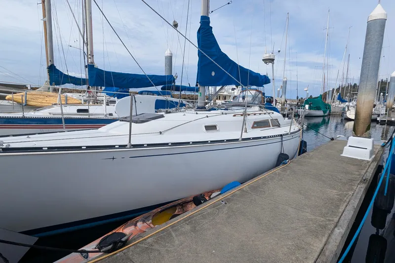 Slide: The Image of 1980 C&C 36 sailboat docked at marina with blue sail covers. - 26